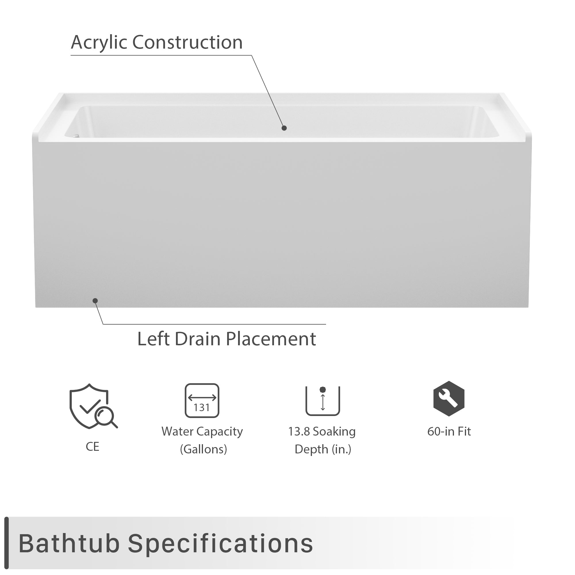 Sarlai 60'' x 32'' Acrylic Rectangular Apron Front Alcove Soaking Bathtub