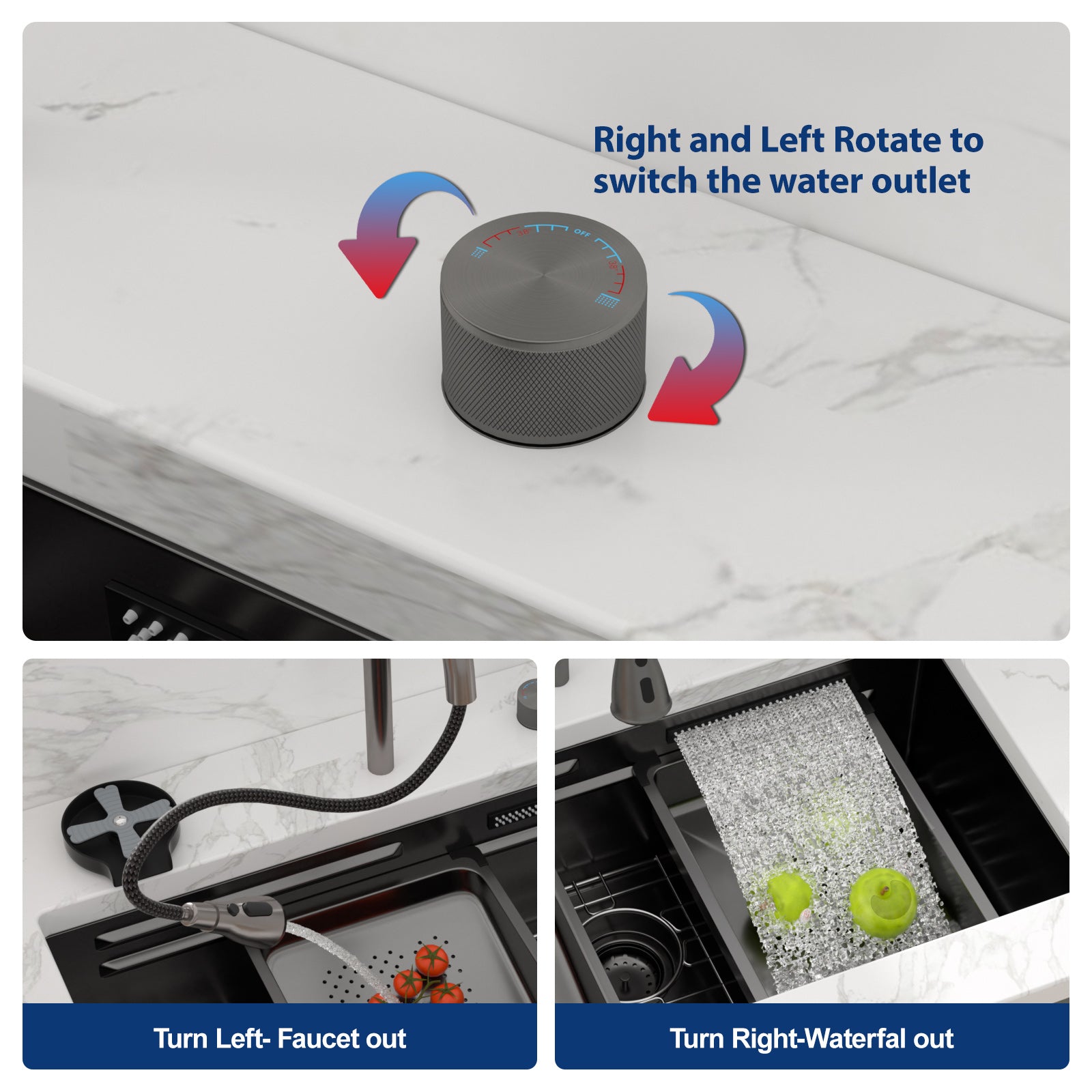 Sarlai 33‘’ Gunmetal Black Waterfall Workstation Sink - 16 Gauge Undermount Single Bowl with Pull-Down Faucet
