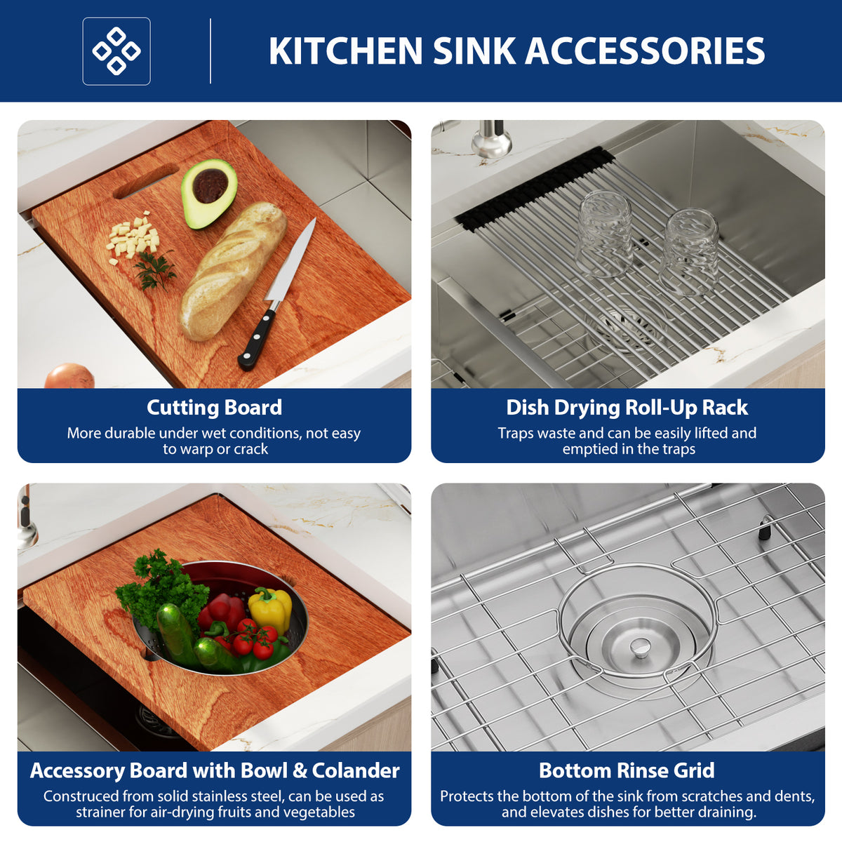 Sarlai 39'' Undermount Workstation Sink - 16 Gauge 50/50 Double Bowl with Salad Prep Bowls