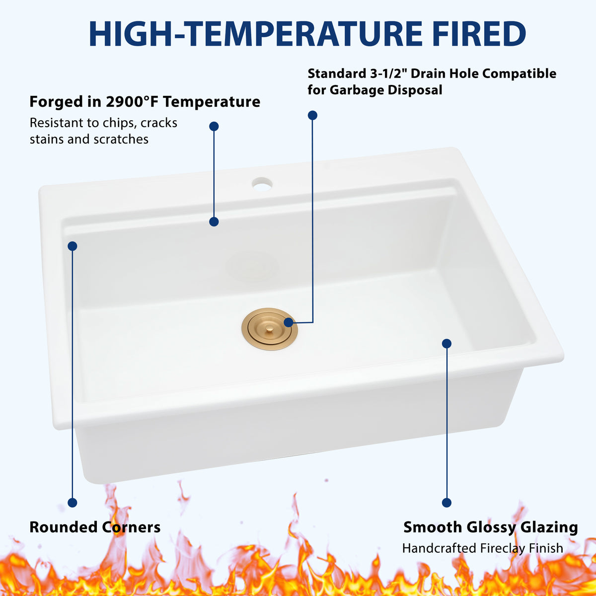 Sarlai 33''x22'' White Ceramic Topmount Workstation Sink With Gold Accessories & Wood Cutting Board