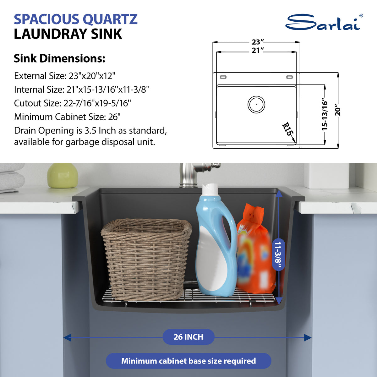 Sarlai 23''x20''Drop-In Quartz Laundry Sink Black Granite Composite Utility Workstation Sink
