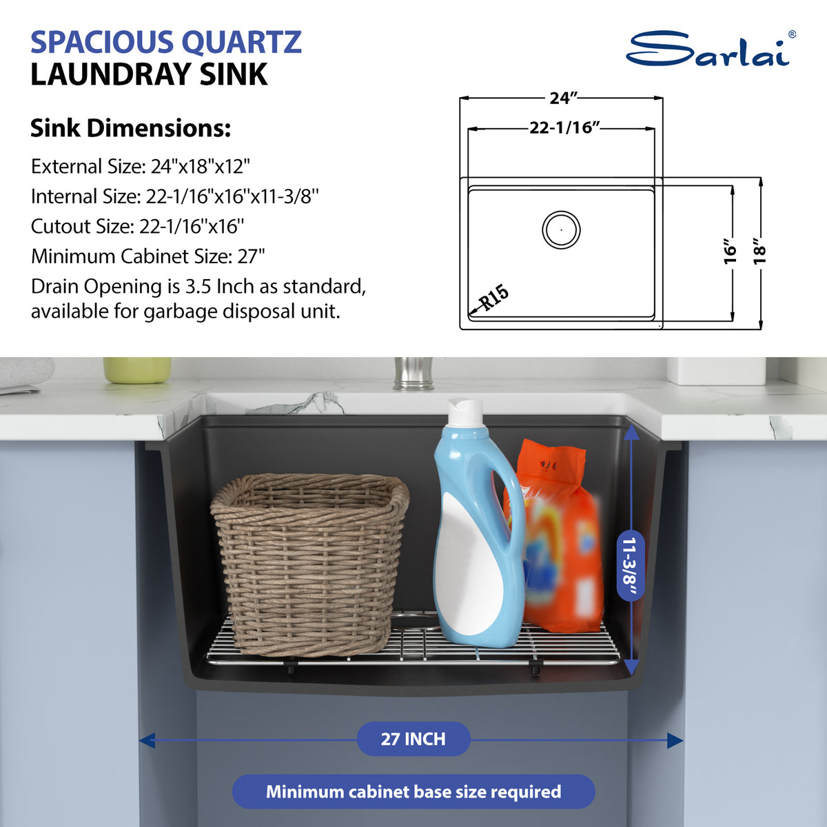 Sarlai 24''x18'' Black Quartz Undermount Laundry Workstation Utility Sink
