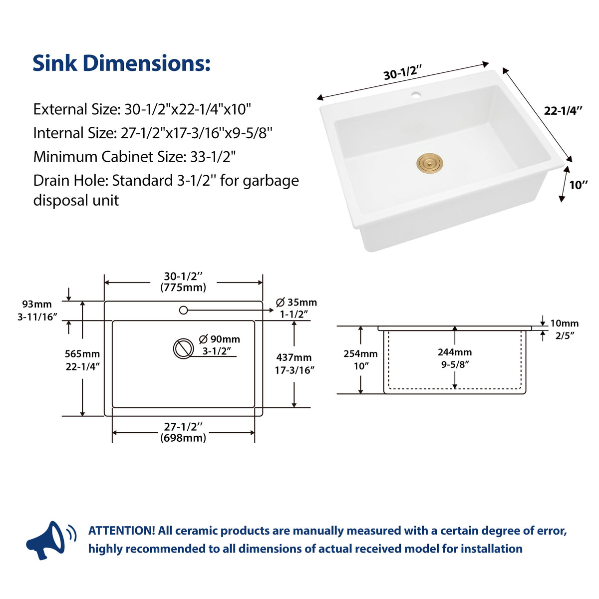 Sarlai 30''x22''White Ceramic Topmount Single Bowl Kitchen Sink With Gold Drain & Bottom Grid