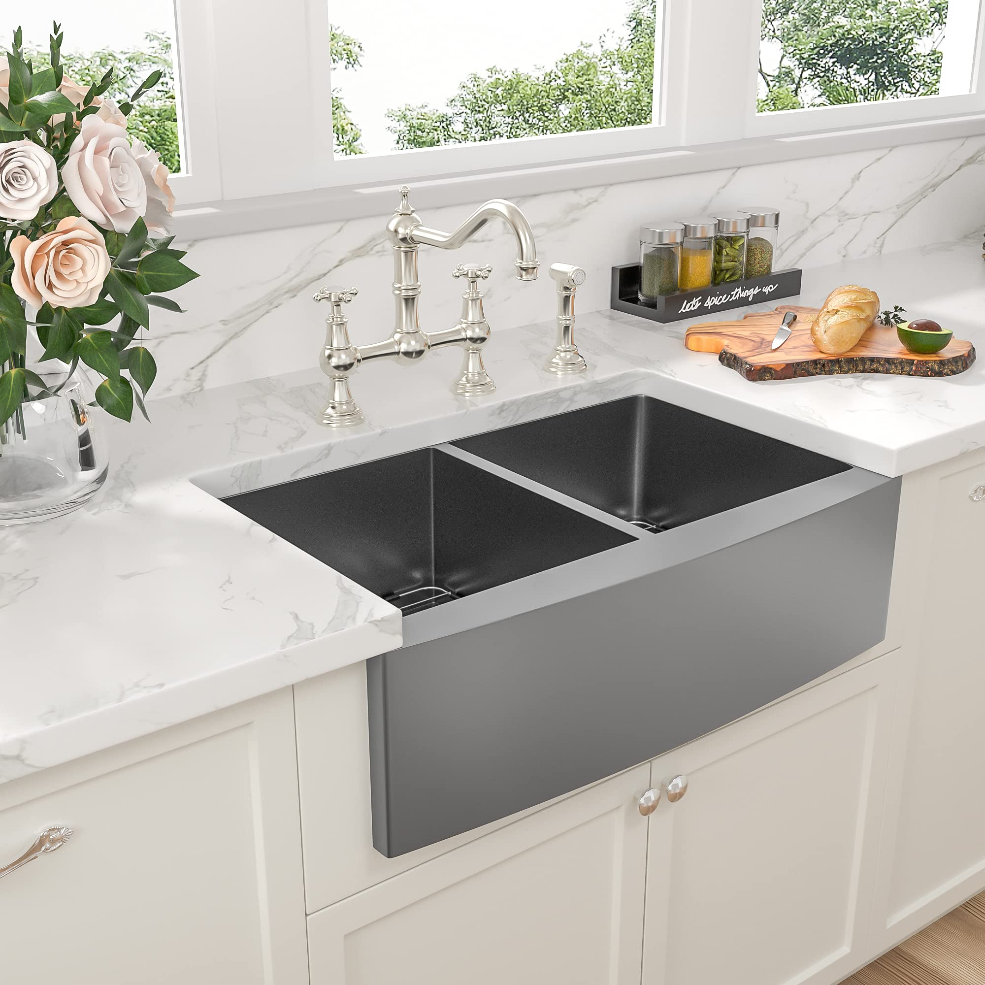 Sarlai Black Farmhouse Sink 33 Inch Double Bowl - 33x21 inch Kitchen Sink Gunmetal Black Double Basin 50/50 Apron Front 16 Gauge Stainless Steel Farm Sinks Basin Secondary image