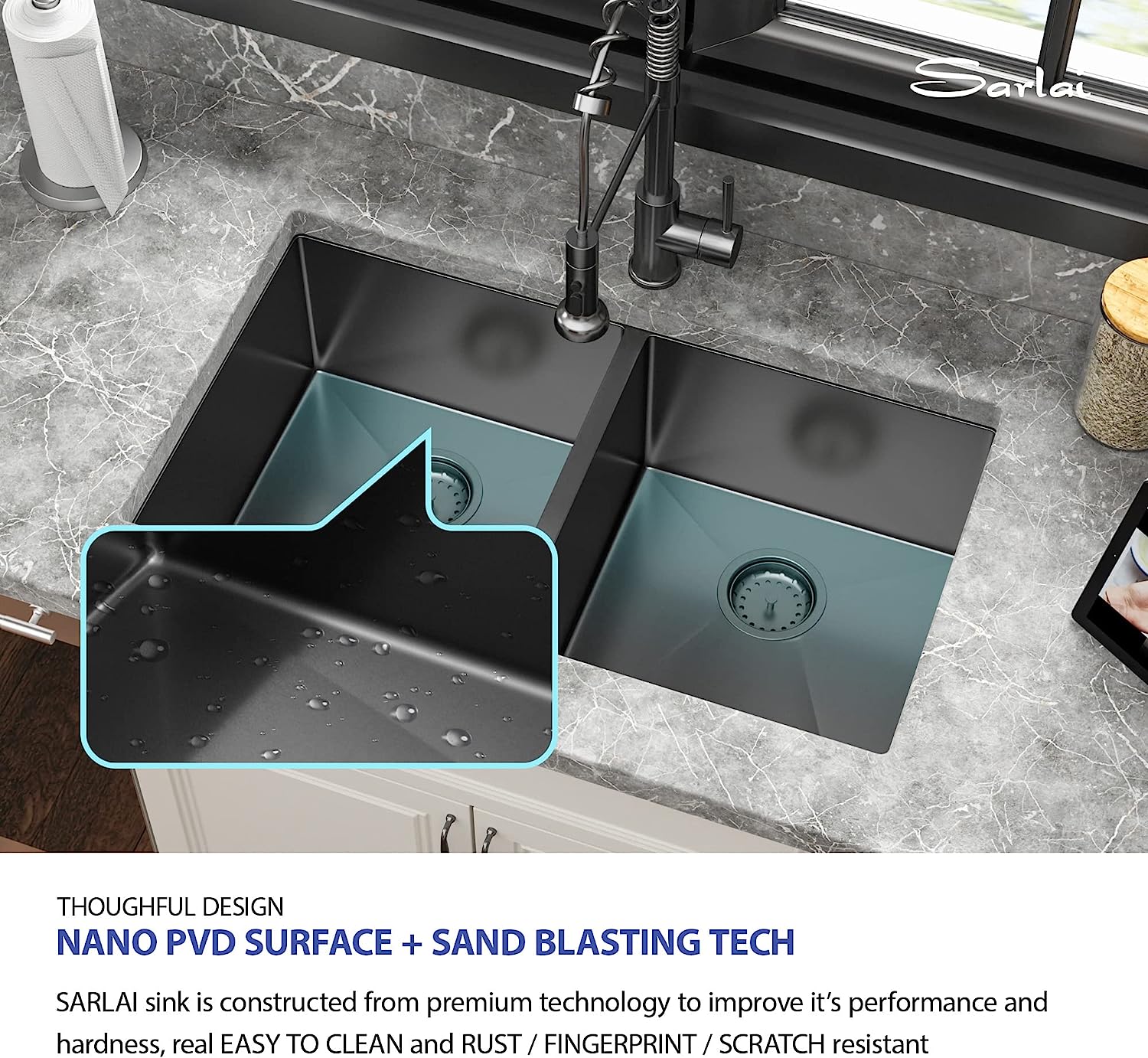 Sarlai 33in Undermount Double Basin 50/50 Gunmetal Black Stainless Steel Kitchen Sink