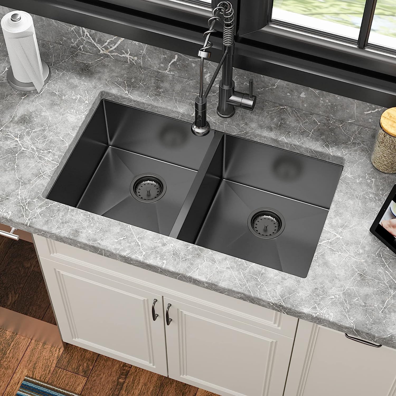Sarlai 33in Undermount Double Basin 50/50 Gunmetal Black Stainless Steel Kitchen Sink