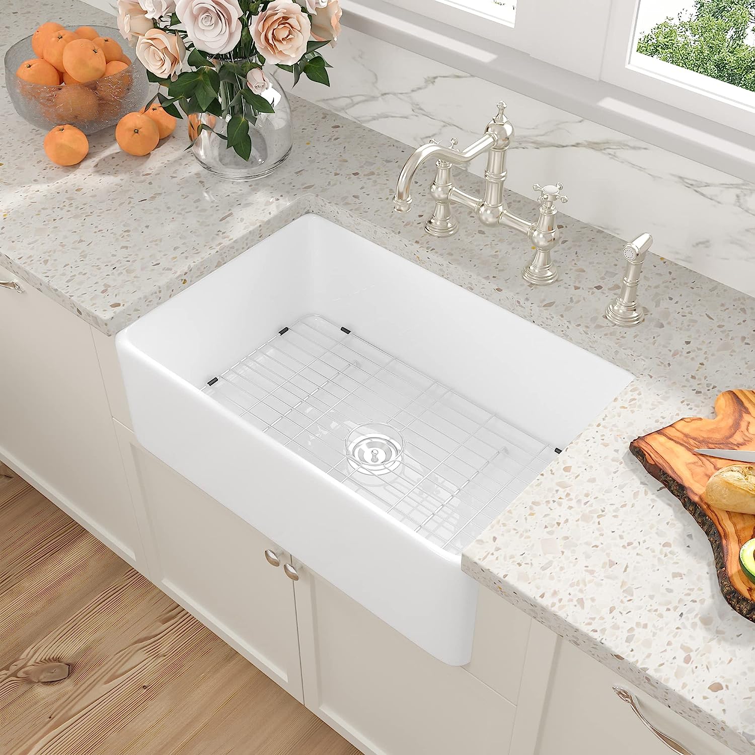 Sarlai 33'' White Apron Front Single Bowl Ceramic Porcelain Fireclay Farmhouse Kitchen Sink