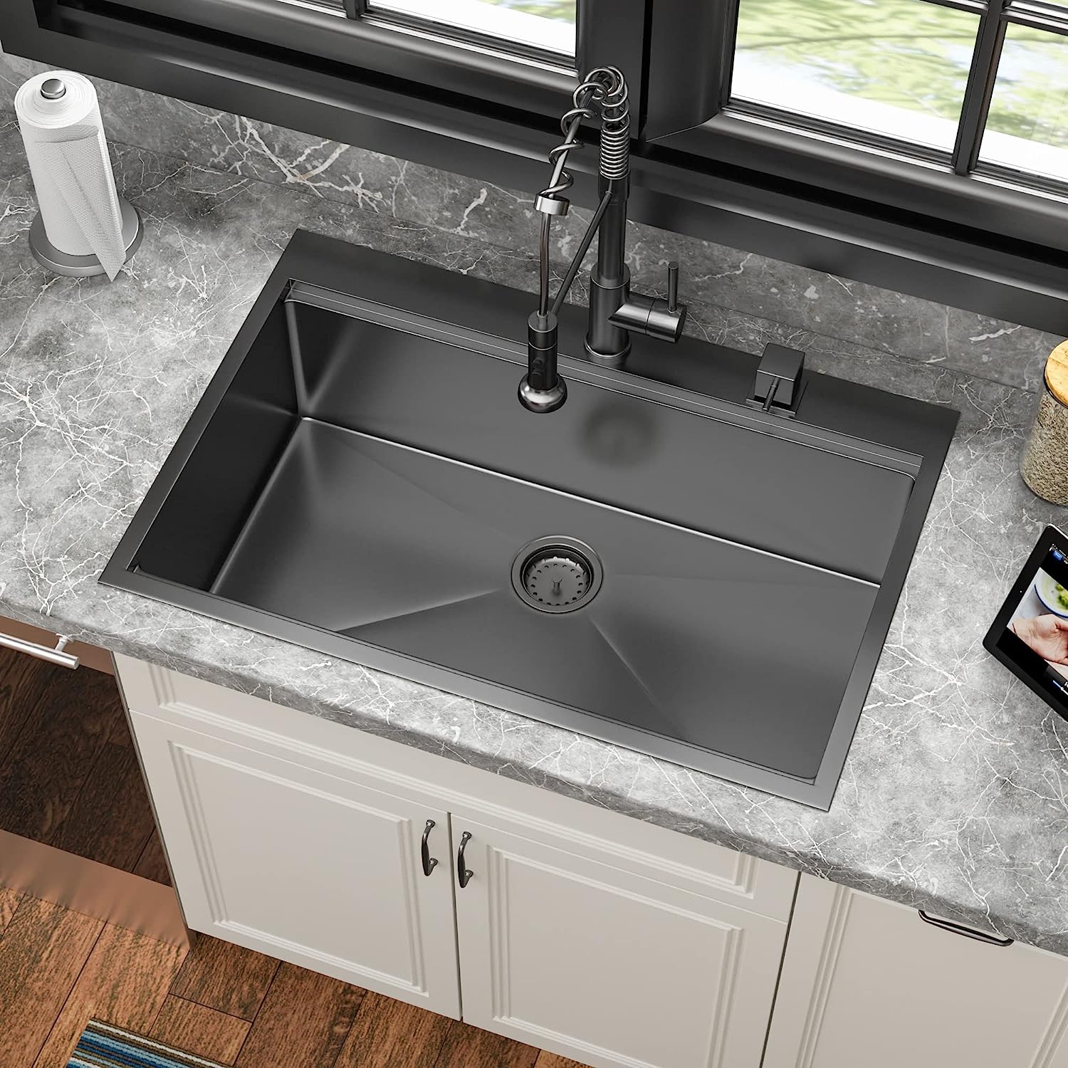Sarlai 30in Topmount Gunmetal Black Stainless Steel Single Bowl Workstation Kitchen Sink Secondary image