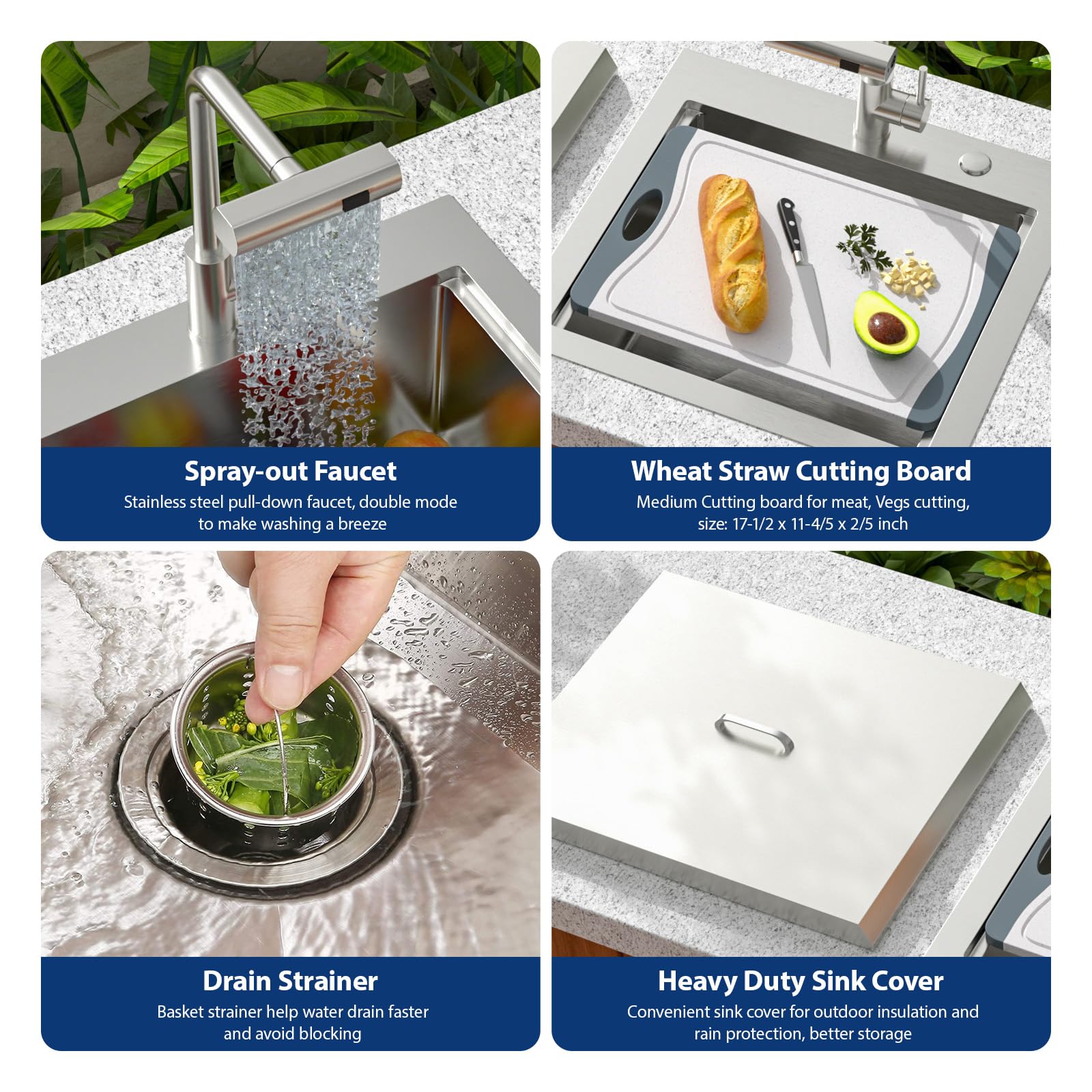 Sarlai 21'' Stainless Steel Drop-in Single Bowl Workstation Outdoor Sink