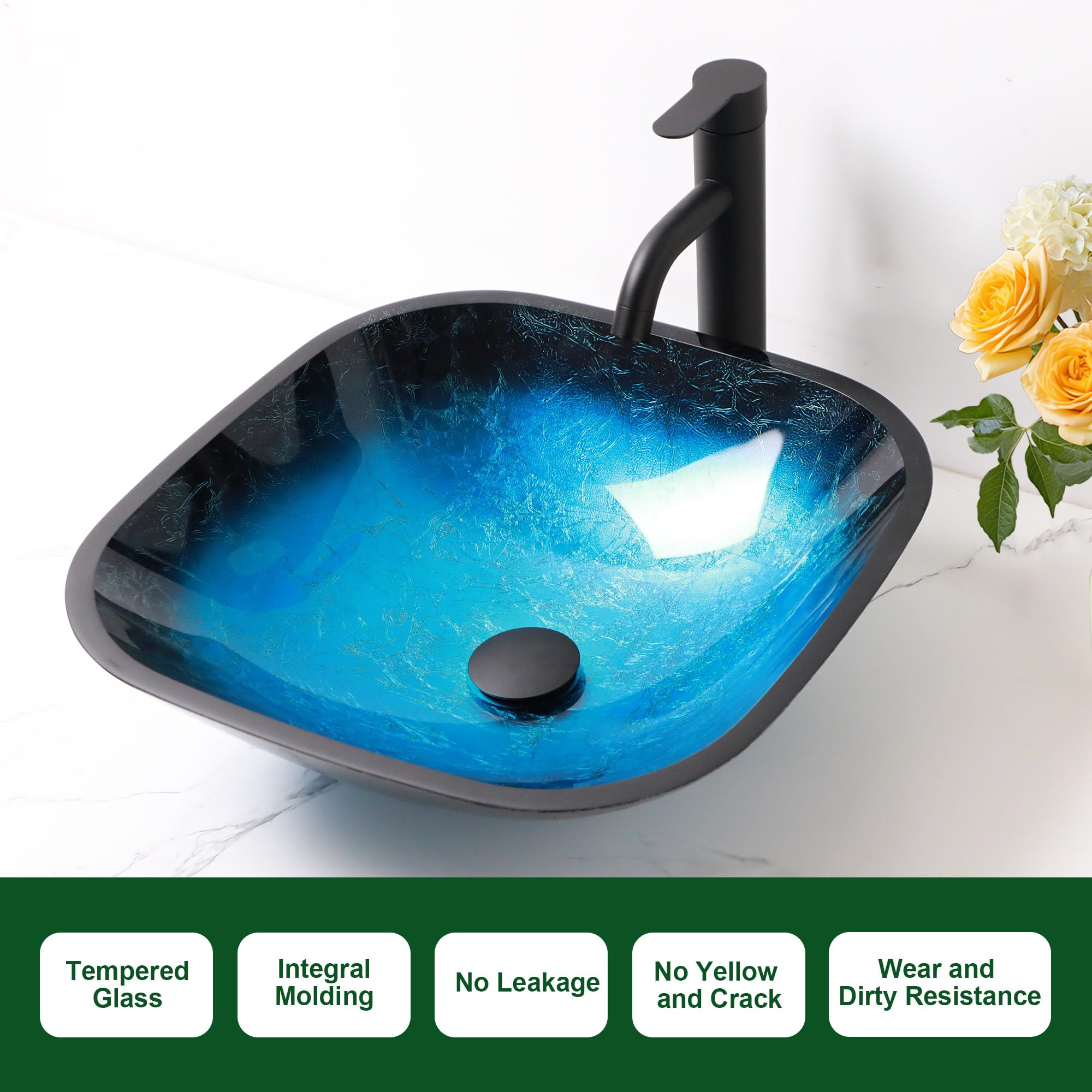 Sarlai 16.75''x16.75'' Matte Black Square Tempered Glass Bathroom Vessel Sink, Countertop Basin with Faucet & Pop-up Drain Combo