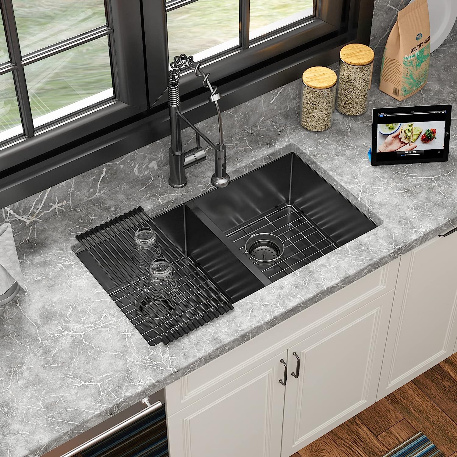 Sarlai 33in Undermount Double Basin 50/50 Gunmetal Black Stainless Steel Kitchen Sink