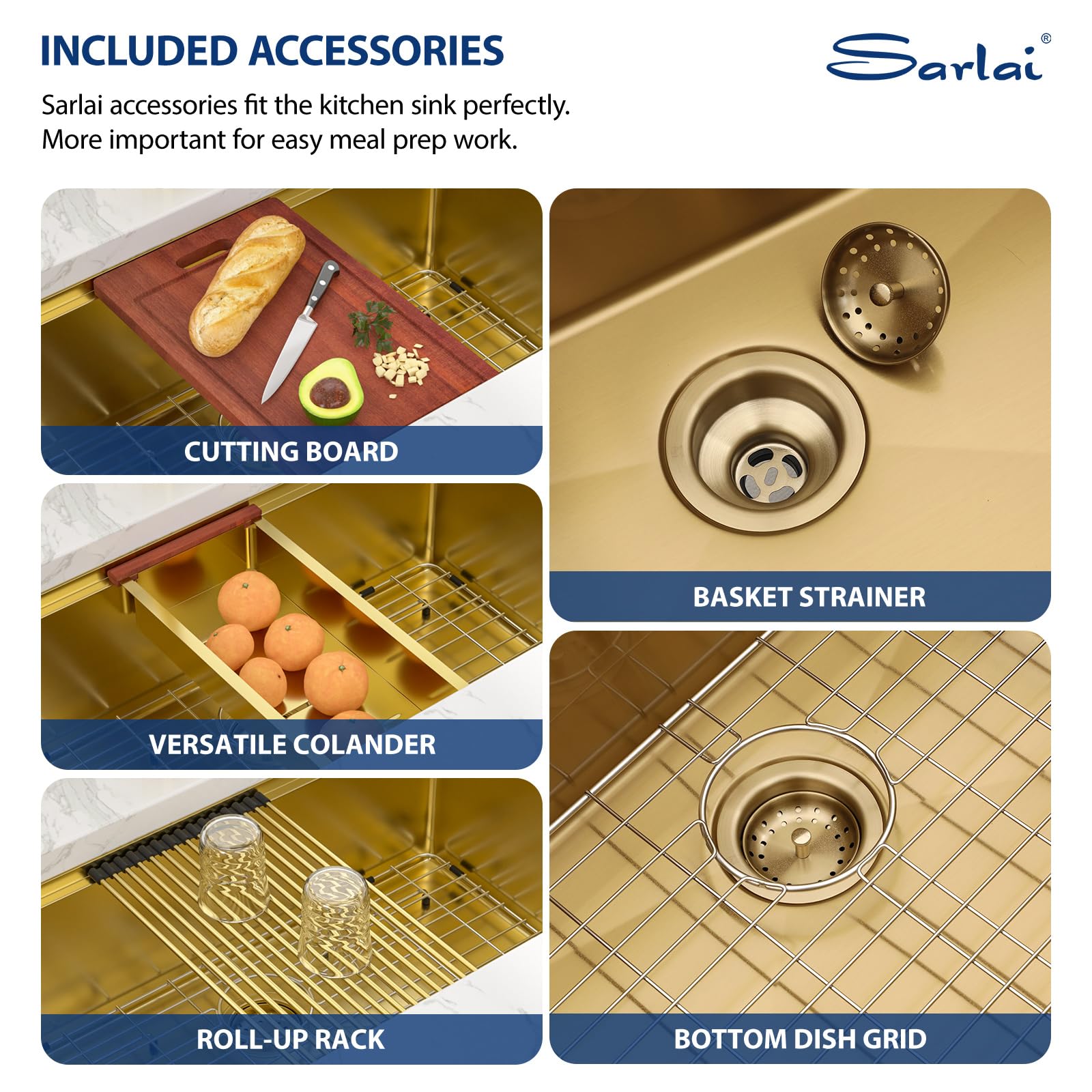 Sarlai 33''x19'' Gold Stainless Steel Undermount Kitchen Sink, 16 Gauge Deep Single Bowl Workstation Rectangular Basin