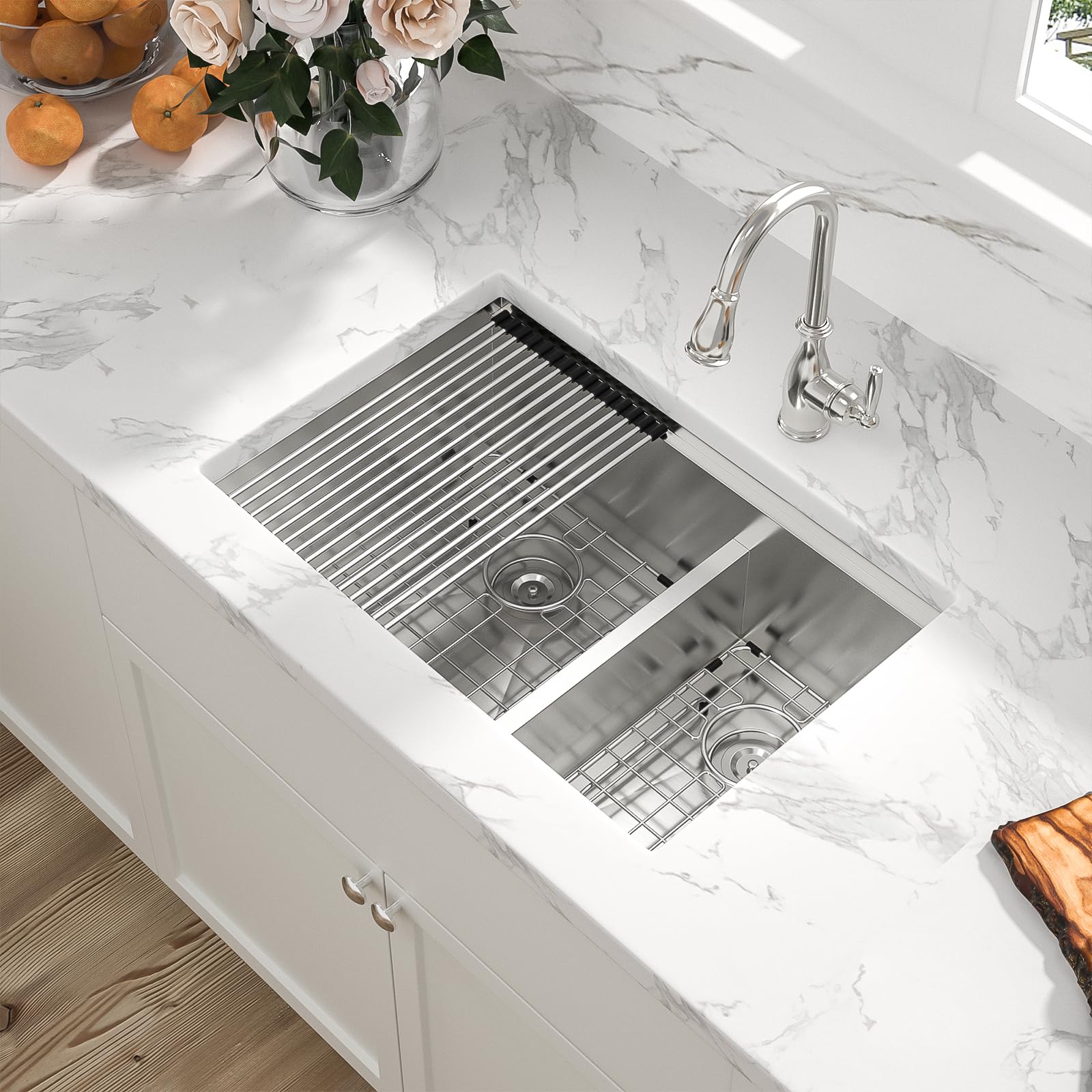 Sarlai 28in Undermount Double Bowl 60/40 Low Divide Stainless Steel Kitchen Sink