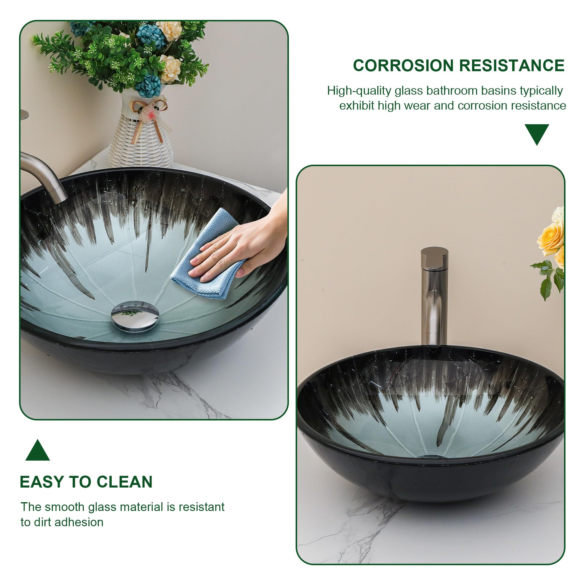 Sarlai 16.5''x16.5'' Black Round Tempered Glass Bathroom Vessel Sink, Countertop Basin with Pop-up Drain Combo