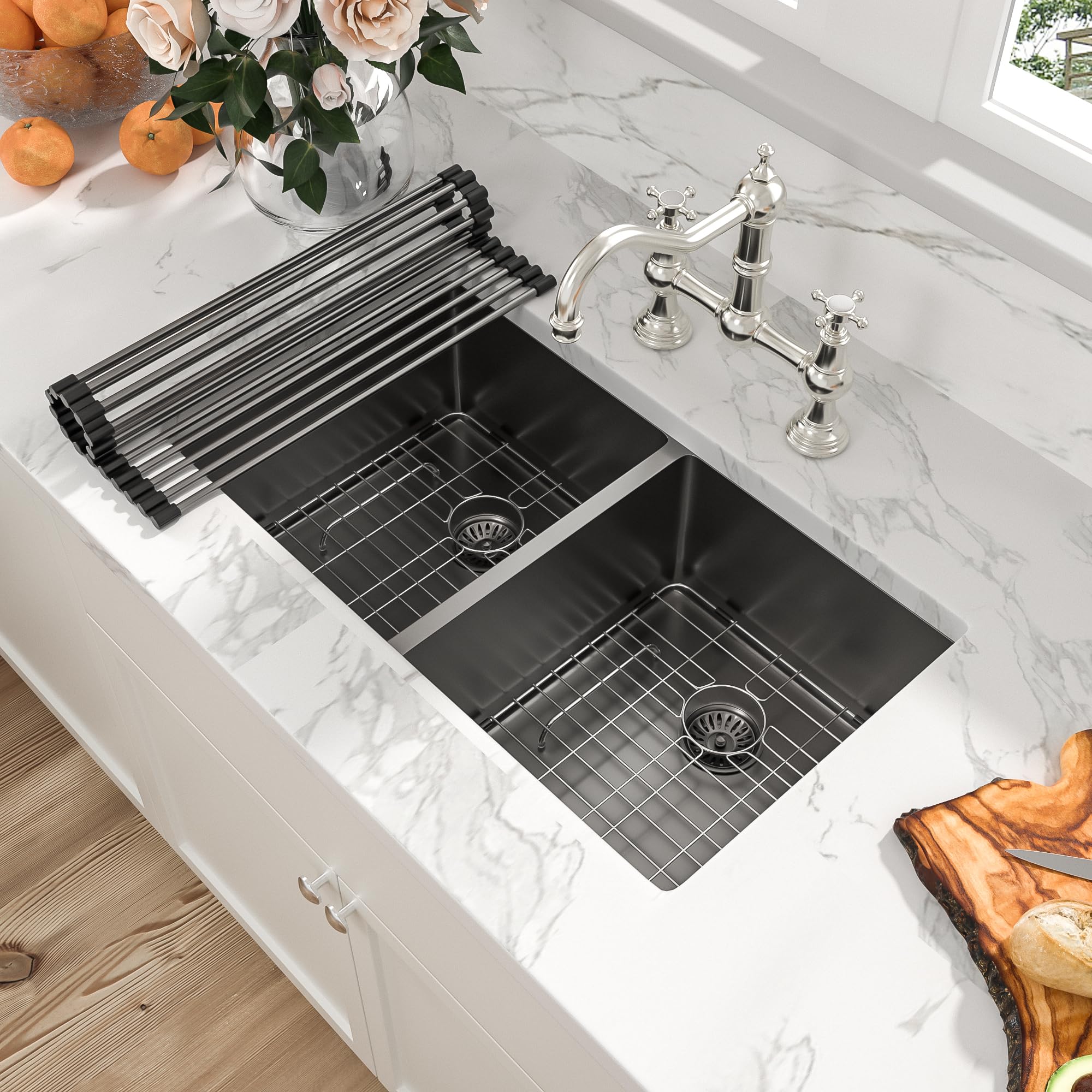 Sarlai 33 Inch Black Undermount 50/50 Double bowl Stainless Steel Kitchen Sink with Accessories