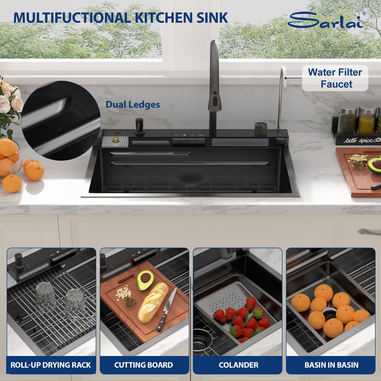 Sarlai 30'' Digital Display Drop In Waterfall Single Bowl Stainless Steel Workstation Kitchen Sink