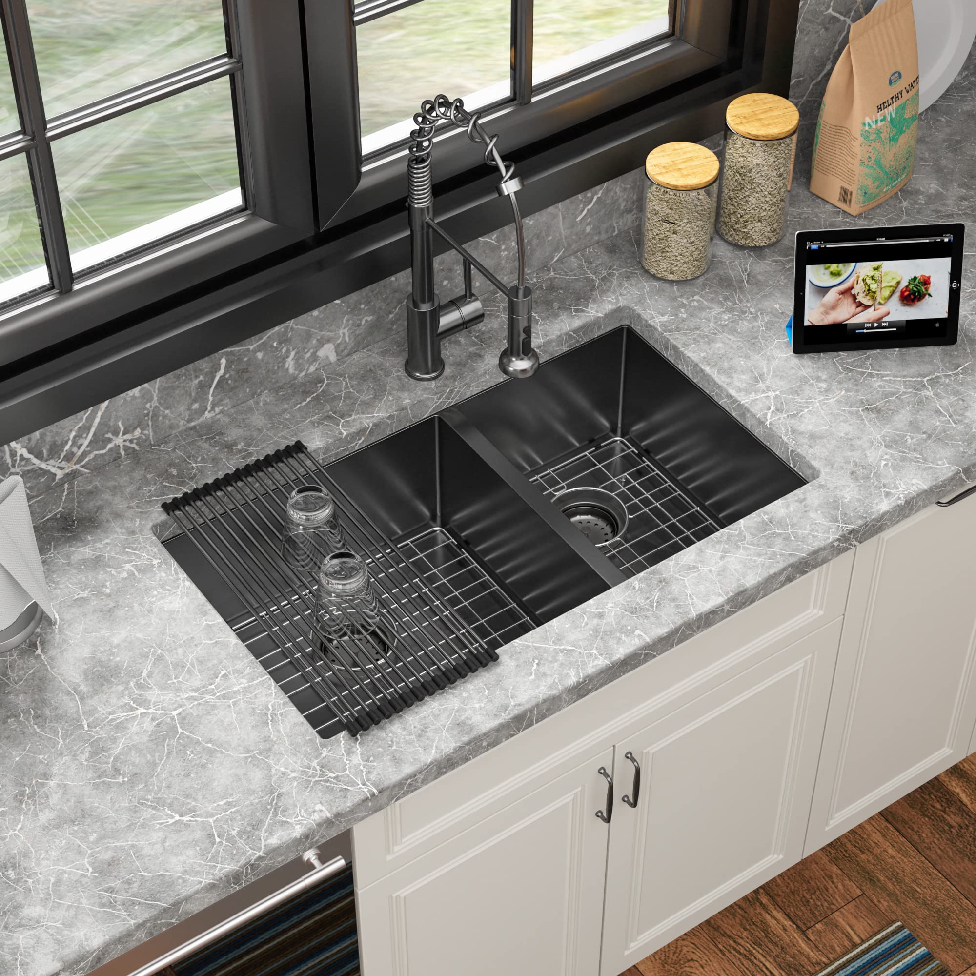 Sarlai 33'' Double Bowl Stainless Steel Gunmetal Black Kitchen Sink