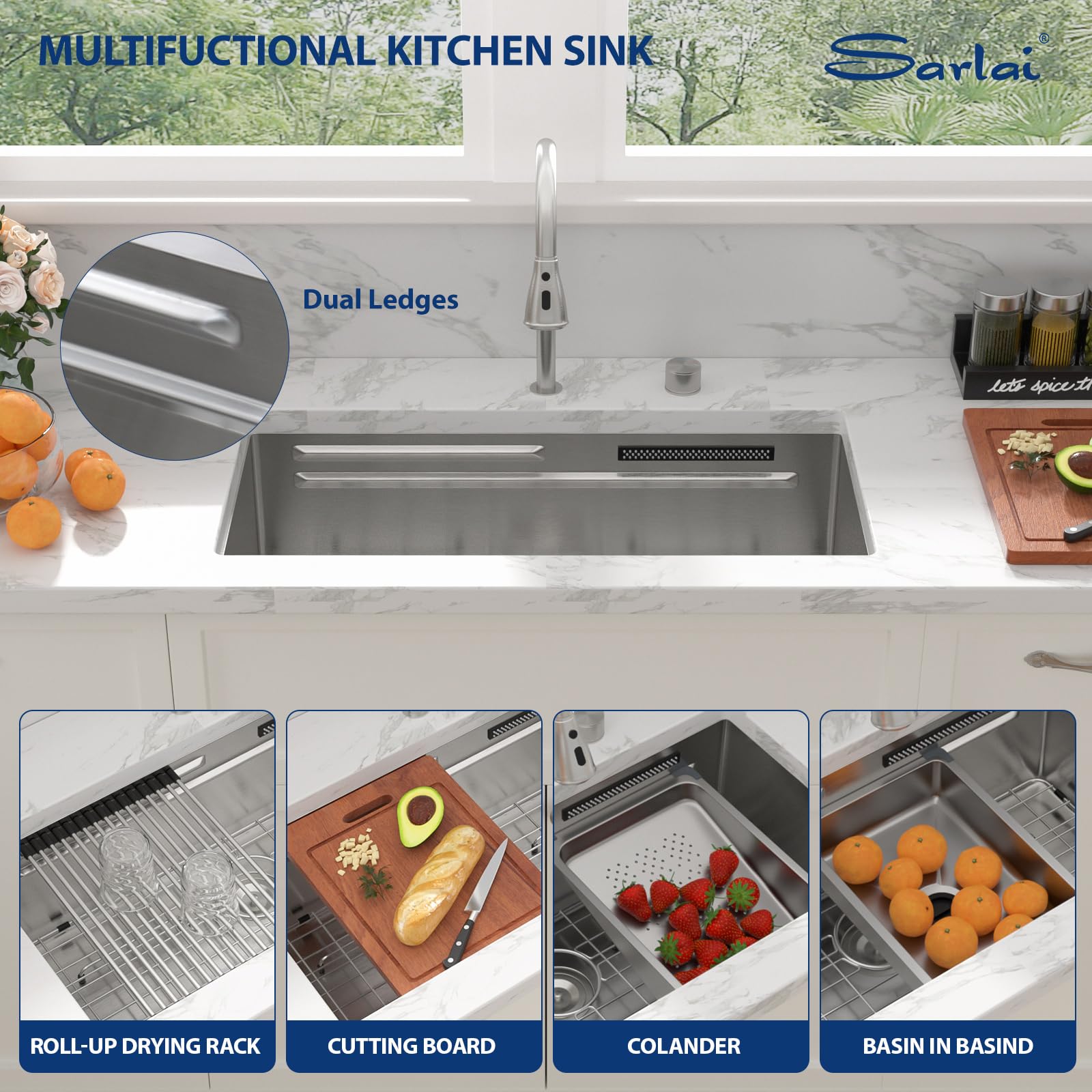 Sarlai 33'' Waterfall Undermount Workstation Kitchen Sink, 16 Gauge Stainless Steel Multifunction Single Bowl Basin with Matching Faucet