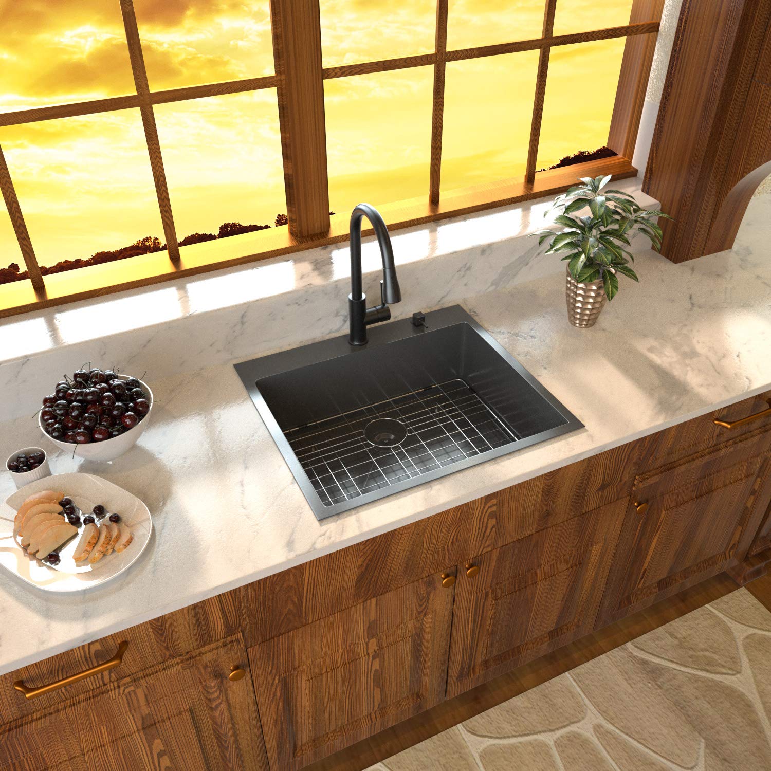 Sarlai 25in Drop In Gunmetal Black Single Bowl Stainless Steel Kitchen Sink