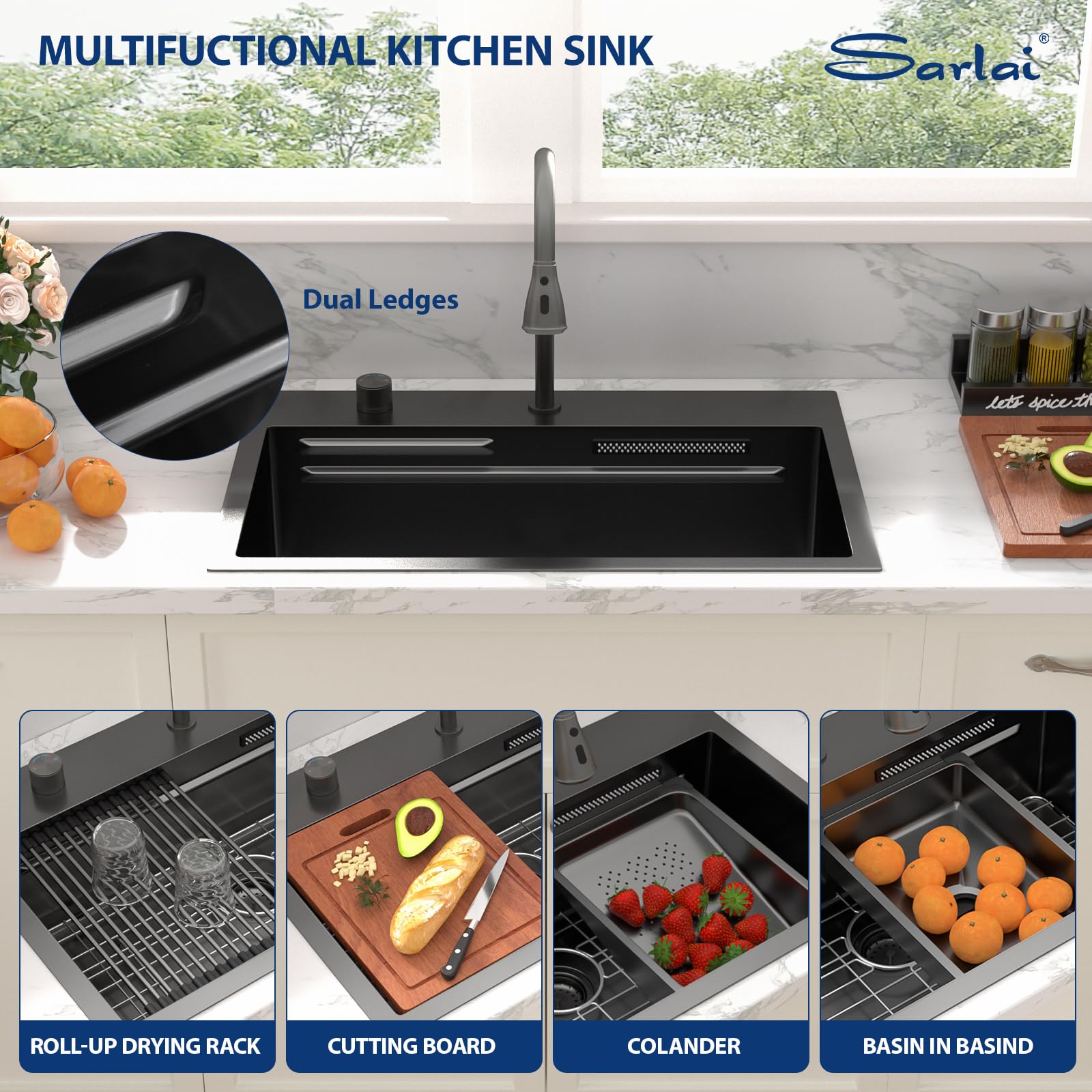 Sarlai 31'' Stainless Steel Single Bowl Topmount Waterfall Workstation Kitchen Sink
