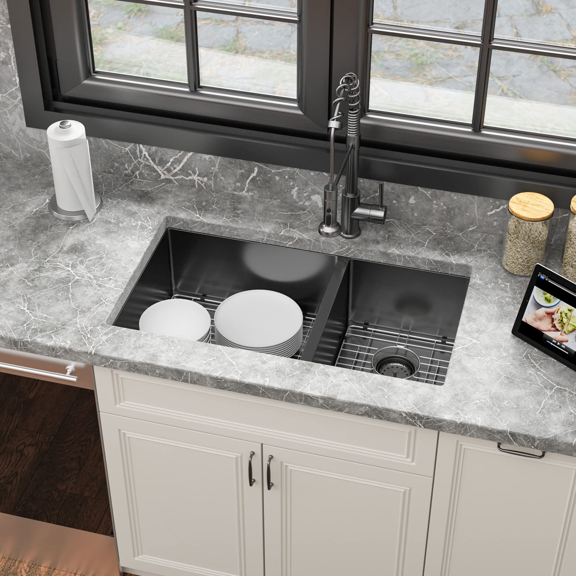Sarlai 33'' Double Bowl Stainless Steel Gunmetal Black Kitchen Sink