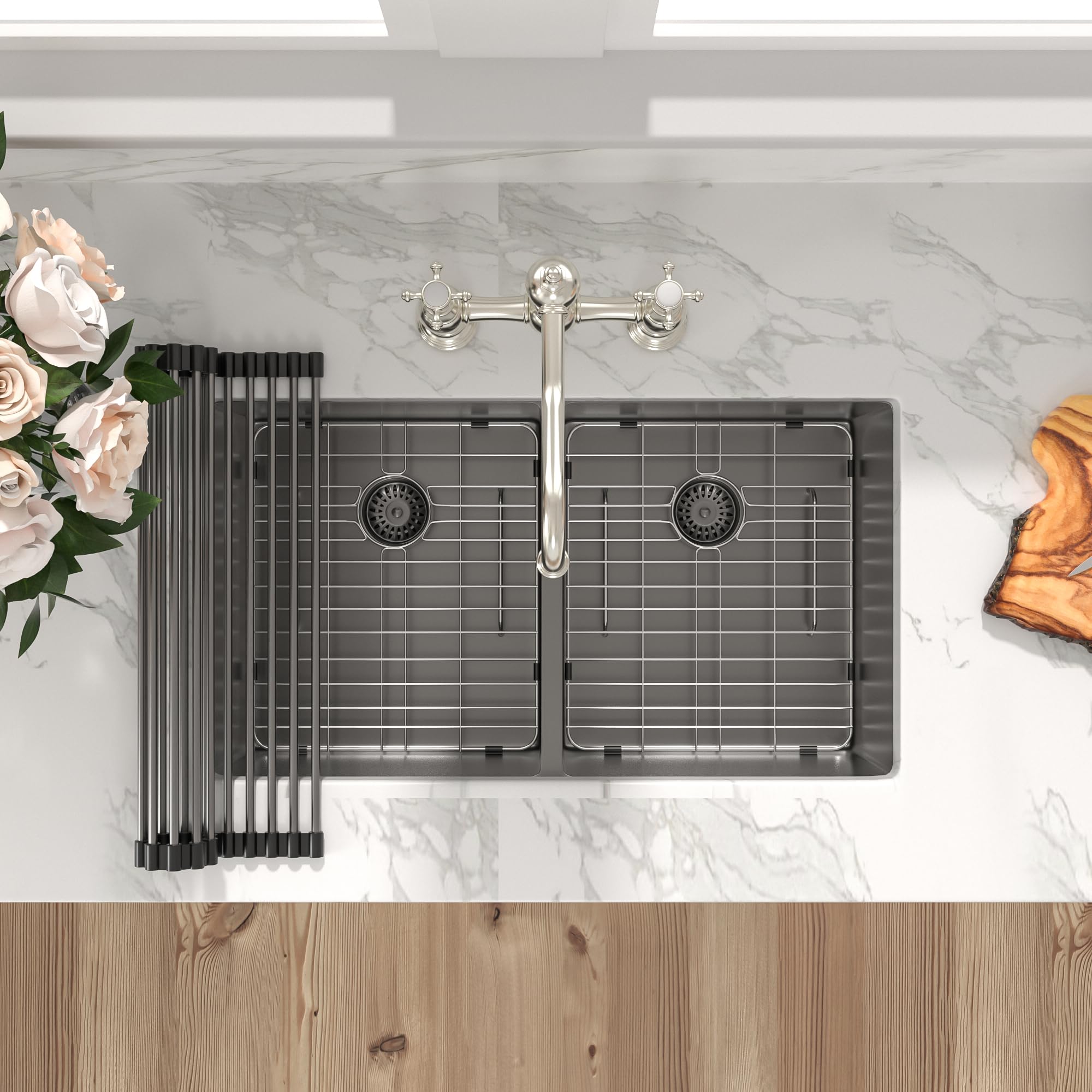 Sarlai 33 Inch Black Undermount 50/50 Double bowl Stainless Steel Kitchen Sink with Accessories