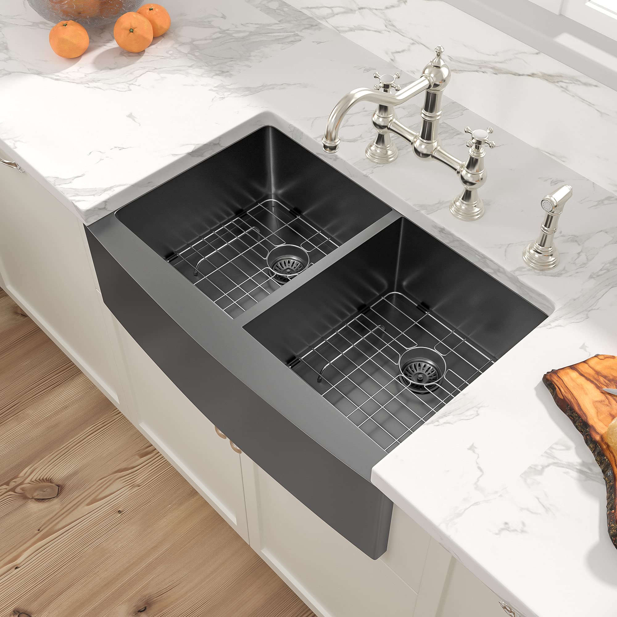 Sarlai Black Farmhouse Sink 33 Inch Double Bowl - 33x21 inch Kitchen Sink Gunmetal Black Double Basin 50/50 Apron Front 16 Gauge Stainless Steel Farm Sinks Basin