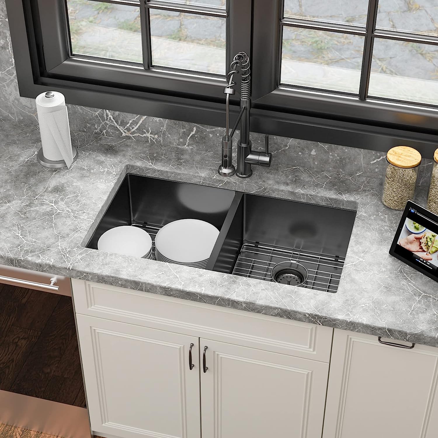 Sarlai 33in Undermount Double Basin 50/50 Gunmetal Black Stainless Steel Kitchen Sink