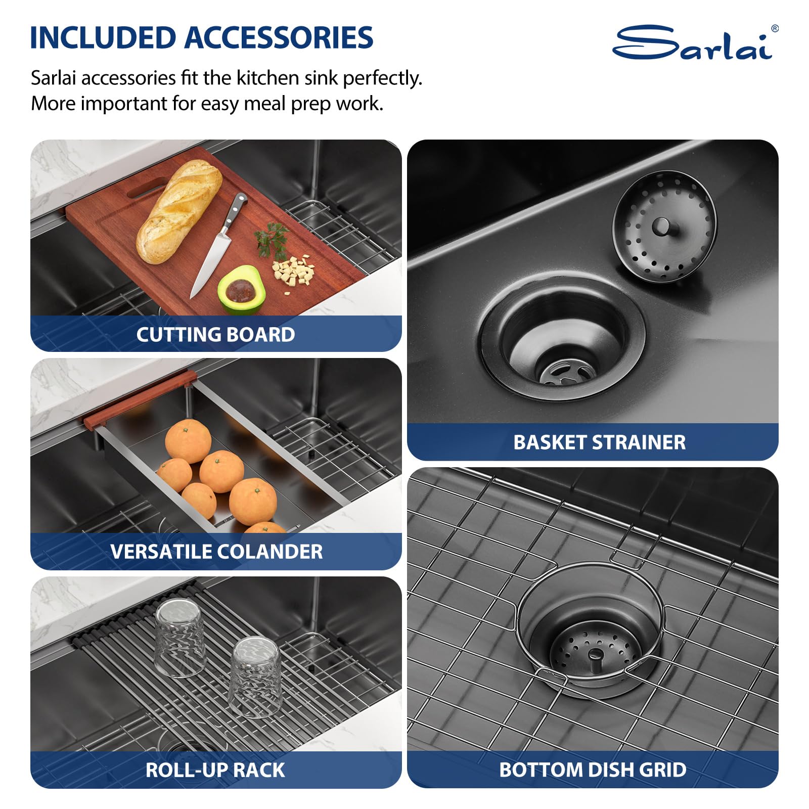 Sarlai 30in Undermount Gunmetal Black Single Bowl Stainless Steel Workstation Kitchen Sink
