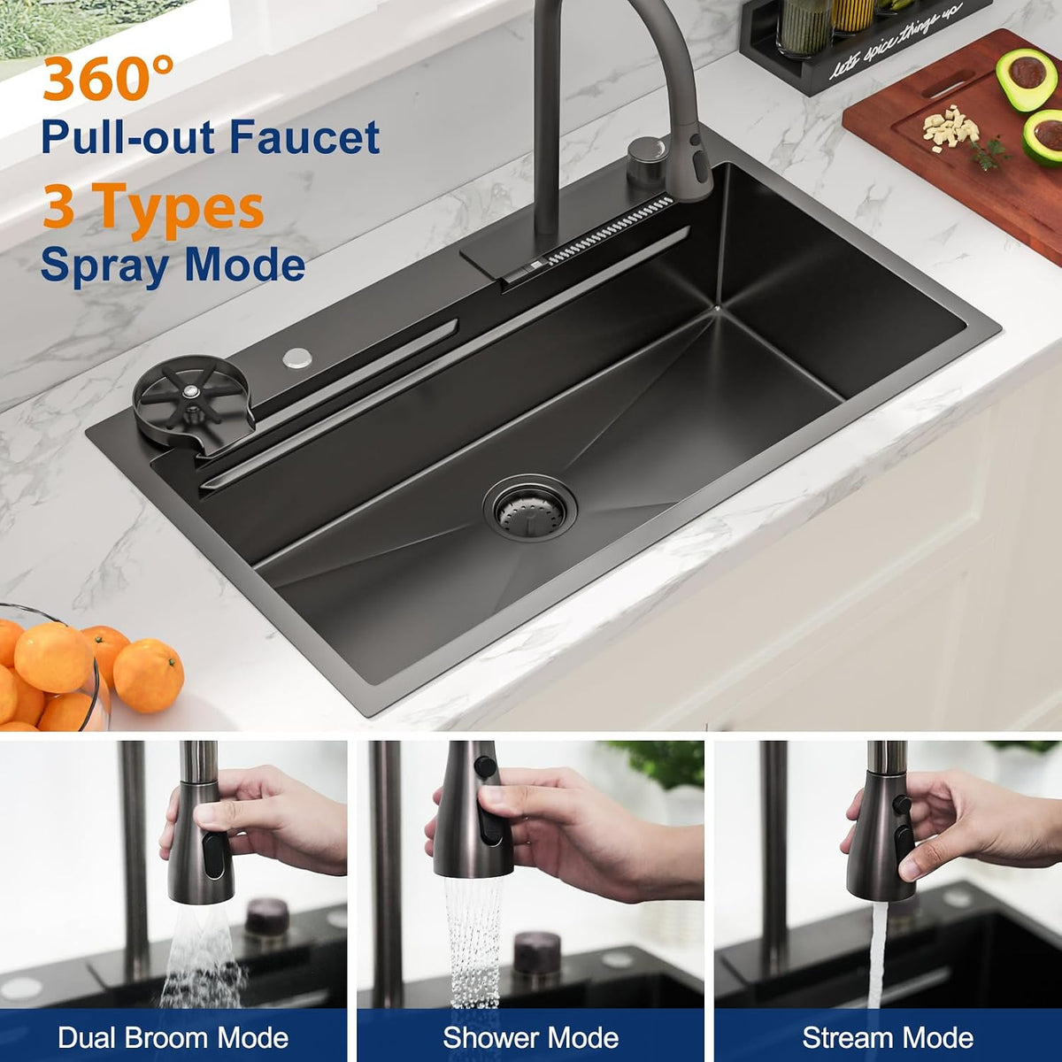 Sarlai 33 Inch Gunmetal Black Waterfall Workstation Drop In Kitchen Sink with Faucet & Glass Rinser