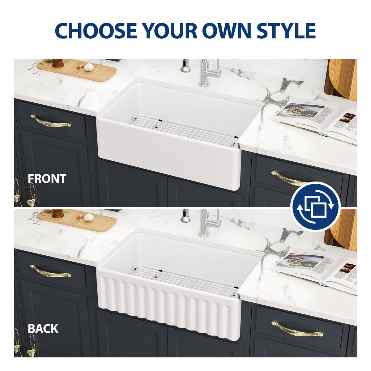 Sarlai 36''x20'' Reversible Apron Front White Fireclay Farmhouse Sink, Single Bowl Vitreous Porcelain Farm Kitchen Basin