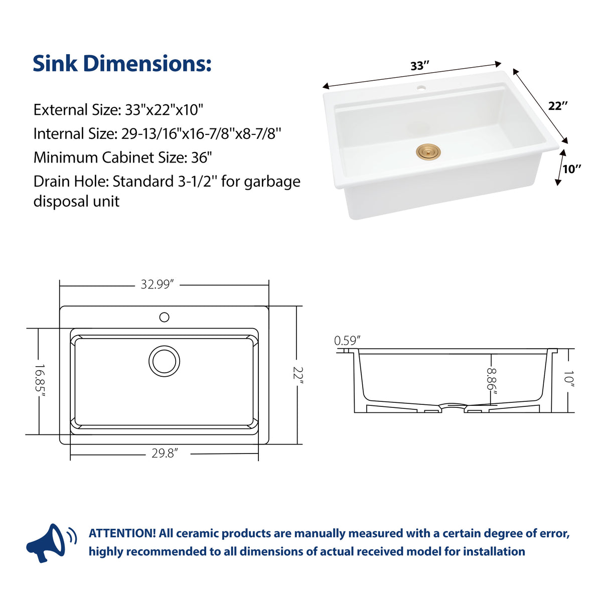 Sarlai 33''x22'' White Ceramic Topmount Workstation Sink With Gold Accessories & Wood Cutting Board