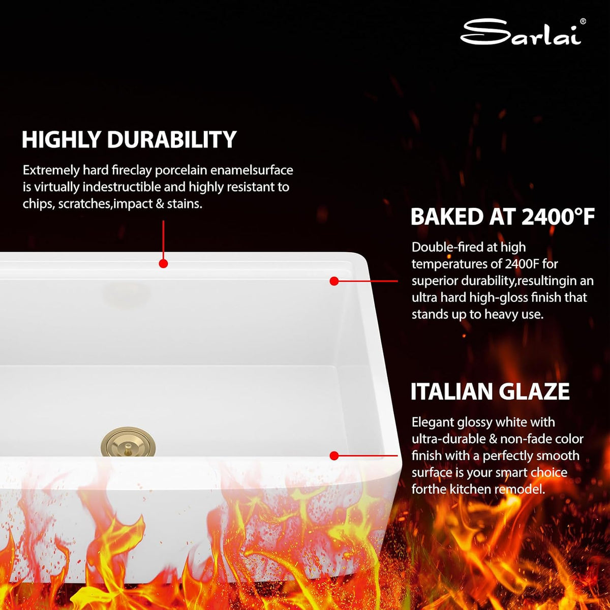 Sarlai 33 Inch White Curved Apron Fireclay Workstation Farmhouse Kitchen Sink with Gold Fixtures