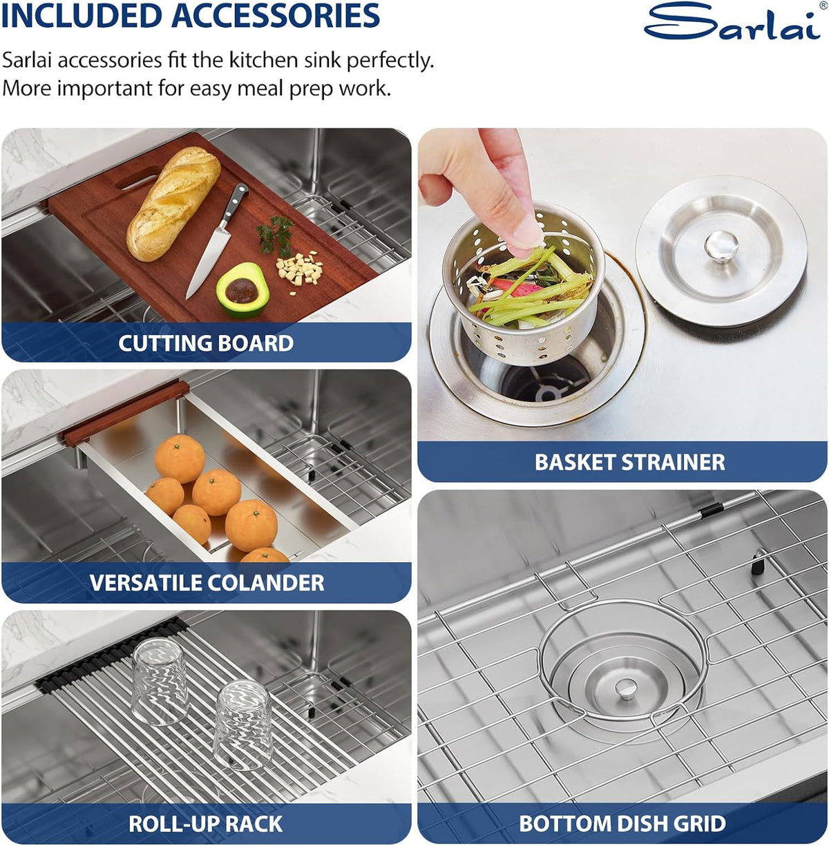 Sarlai 36 Inch Undermount Workstation Kitchen Sink 16 Gauge T304 Stainless Steel Single Bowl Sink