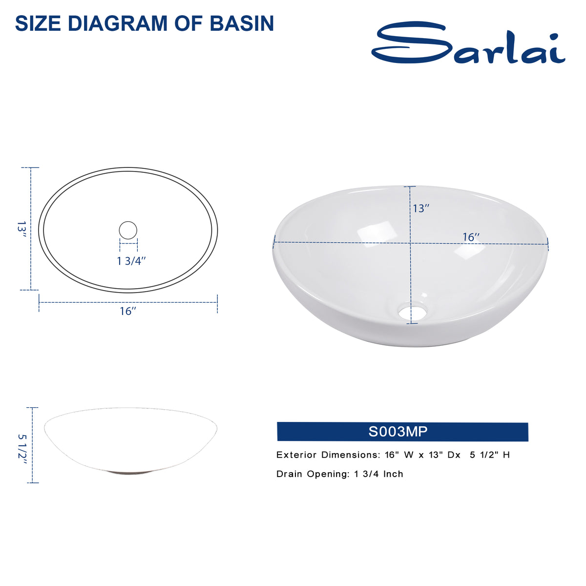 Sarlai 16''Oval White Ceramic Vessel Sink Above Counter Bathroom Sink