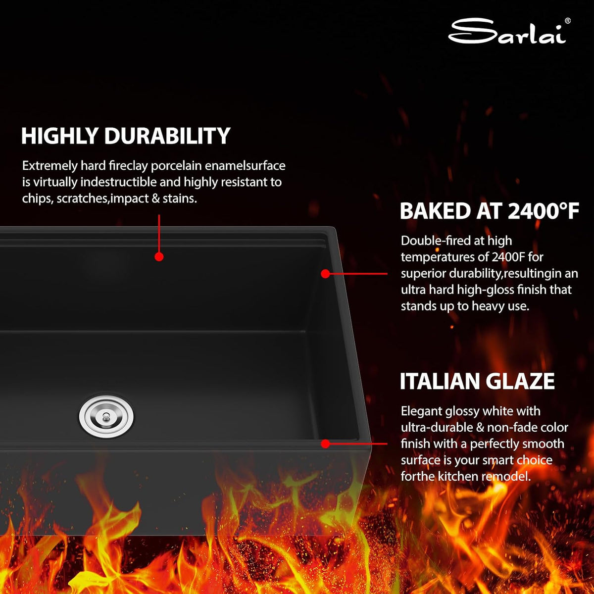 Sarlai 33''x20'' Black Reversible Apron Fireclay Workstation Farmhouse Sink
