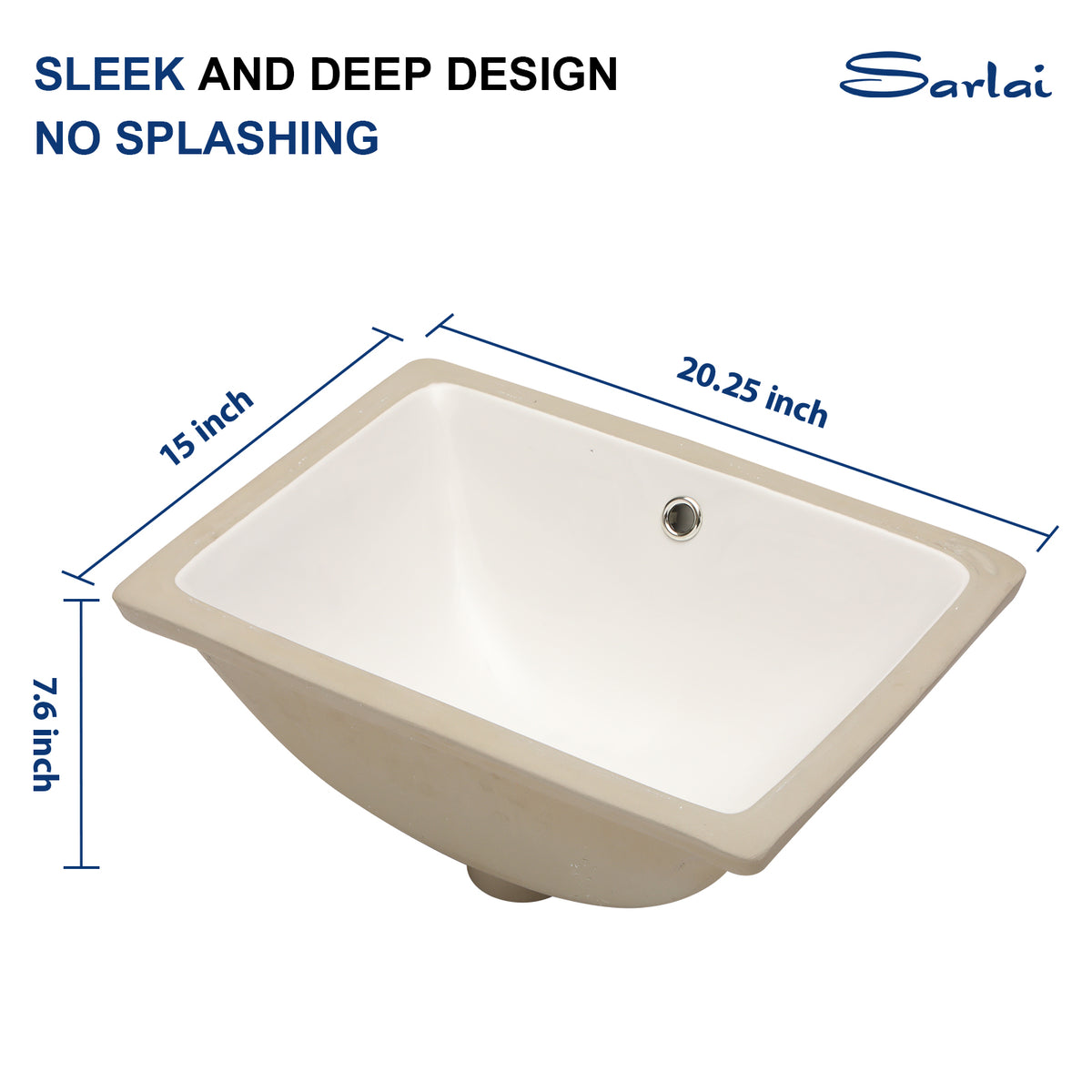 Sarlai 20''x15'' Rectangular White Porcelain Undermount Bathroom Sink