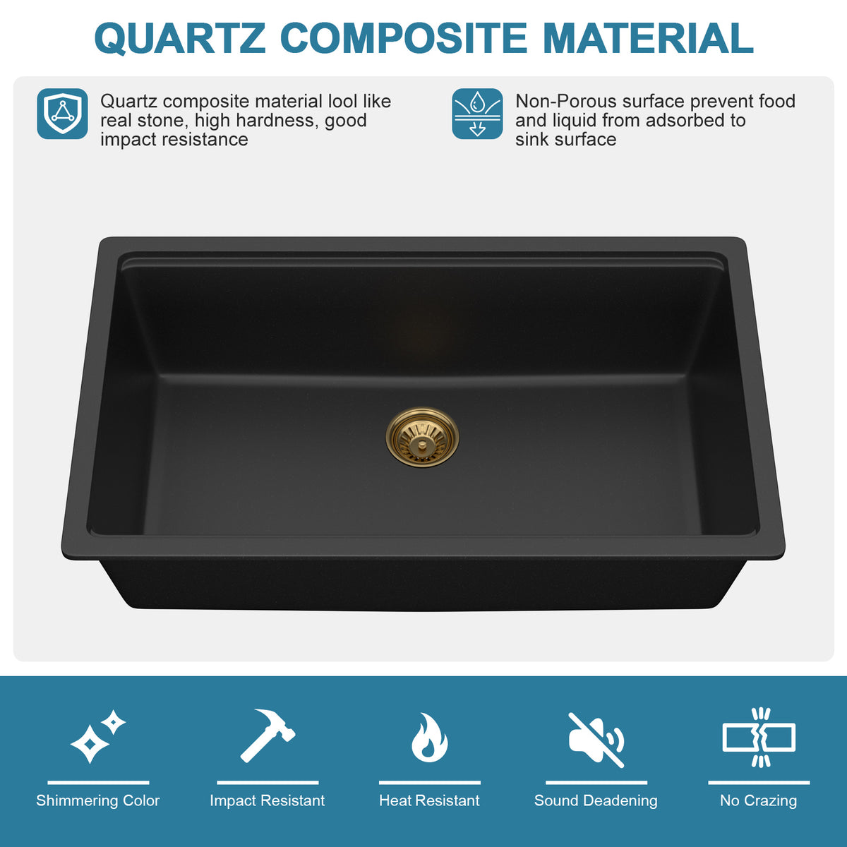 Sarlai 30in Black Quartz Composite Undermount Workstation Kitchen Sink