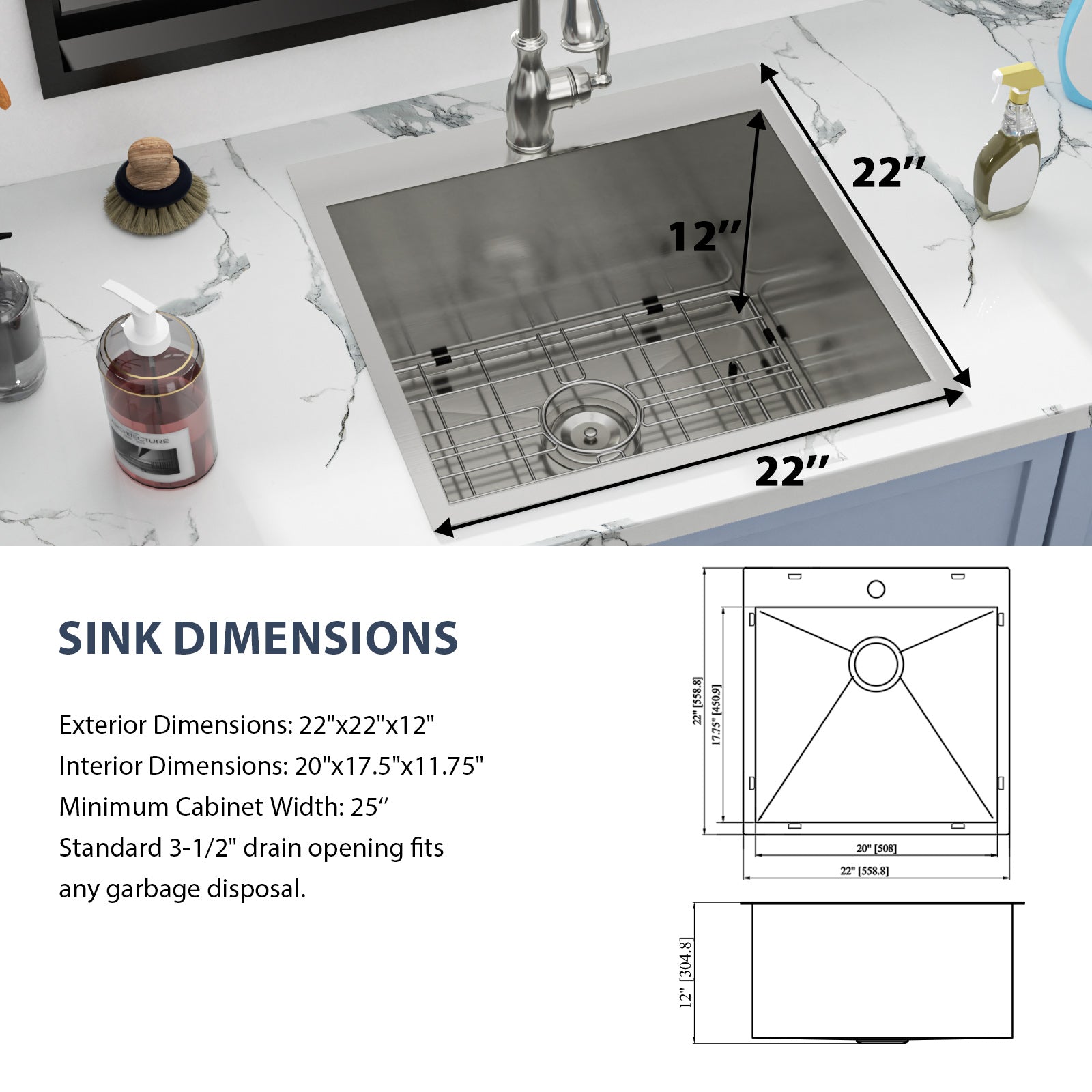 Sarlai 22'' Drop-In Laundry & Utility Kitchen Sink - 16 Gauge T304 Stainless Steel 22'' x 22'' x 12''