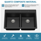 Sarlai 33" Drop-In Black Quartz Composite Workstation Kitchen Sink - 50/50 Double Bowl Low Divide Drop-In Topmount Granite Kitchen Sink with Cutting Board