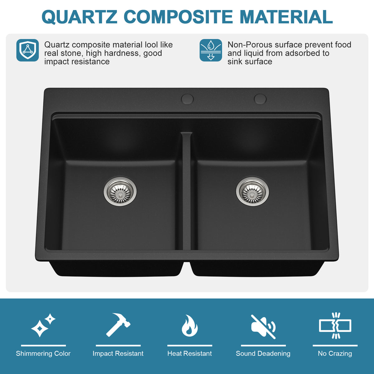 Sarlai 33" Drop-In Black Quartz Composite Workstation Kitchen Sink - 50/50 Double Bowl Low Divide Drop-In Topmount Granite Kitchen Sink with Cutting Board