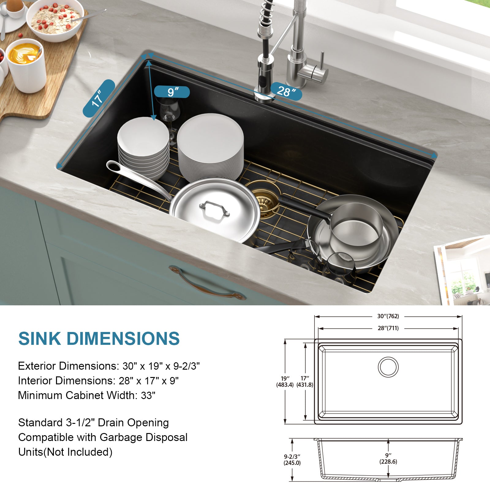 Sarlai 30in Black Quartz Composite Undermount Workstation Kitchen Sink