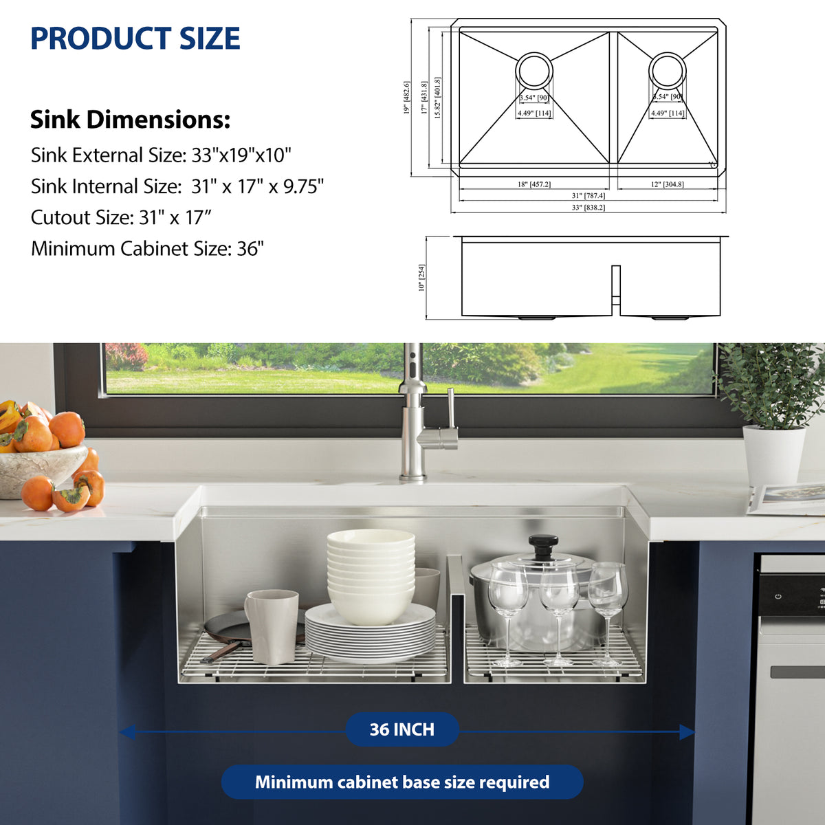 Sarlai 33'' Undermount Kitchen Sink - 60/40 Double Bowl Workstation with Low Divide