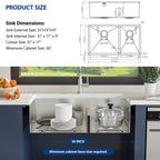 Sarlai 33in Undermount Kitchen Sink - 16 Gauge Stainless Steel 60/40 Double Bowl with Low Divider