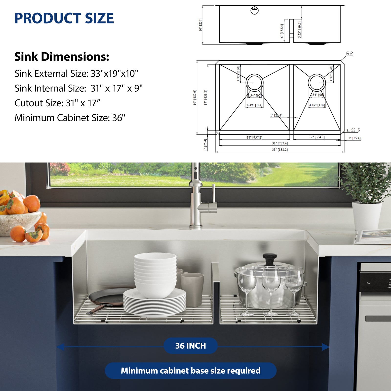 Sarlai 33in Undermount Kitchen Sink - 16 Gauge Stainless Steel 60/40 Double Bowl with Low Divider