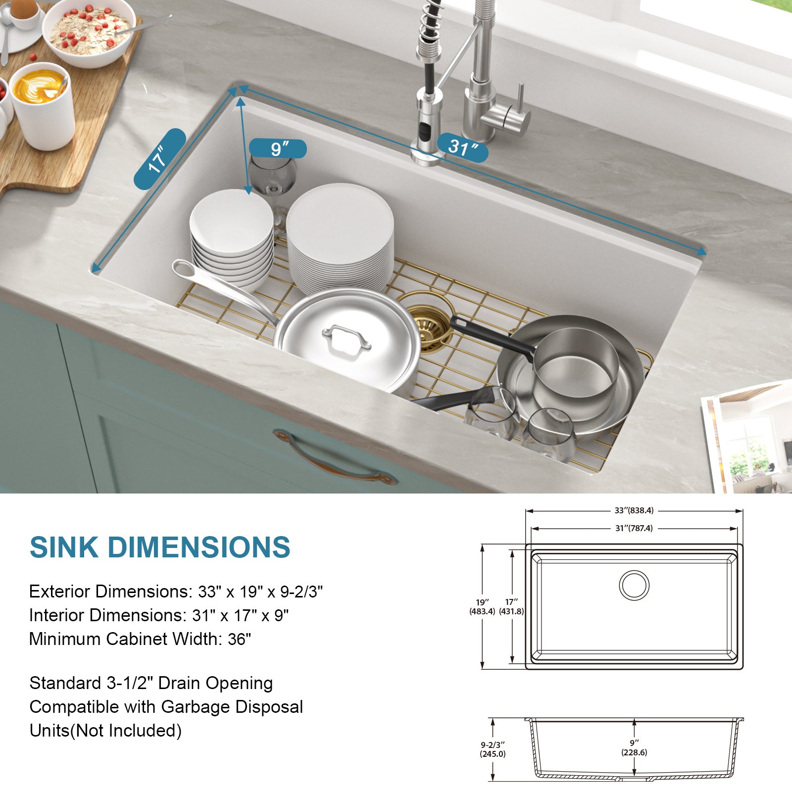 Sarlai 33in White Quartz Composite Undermount Workstation Kitchen Sink