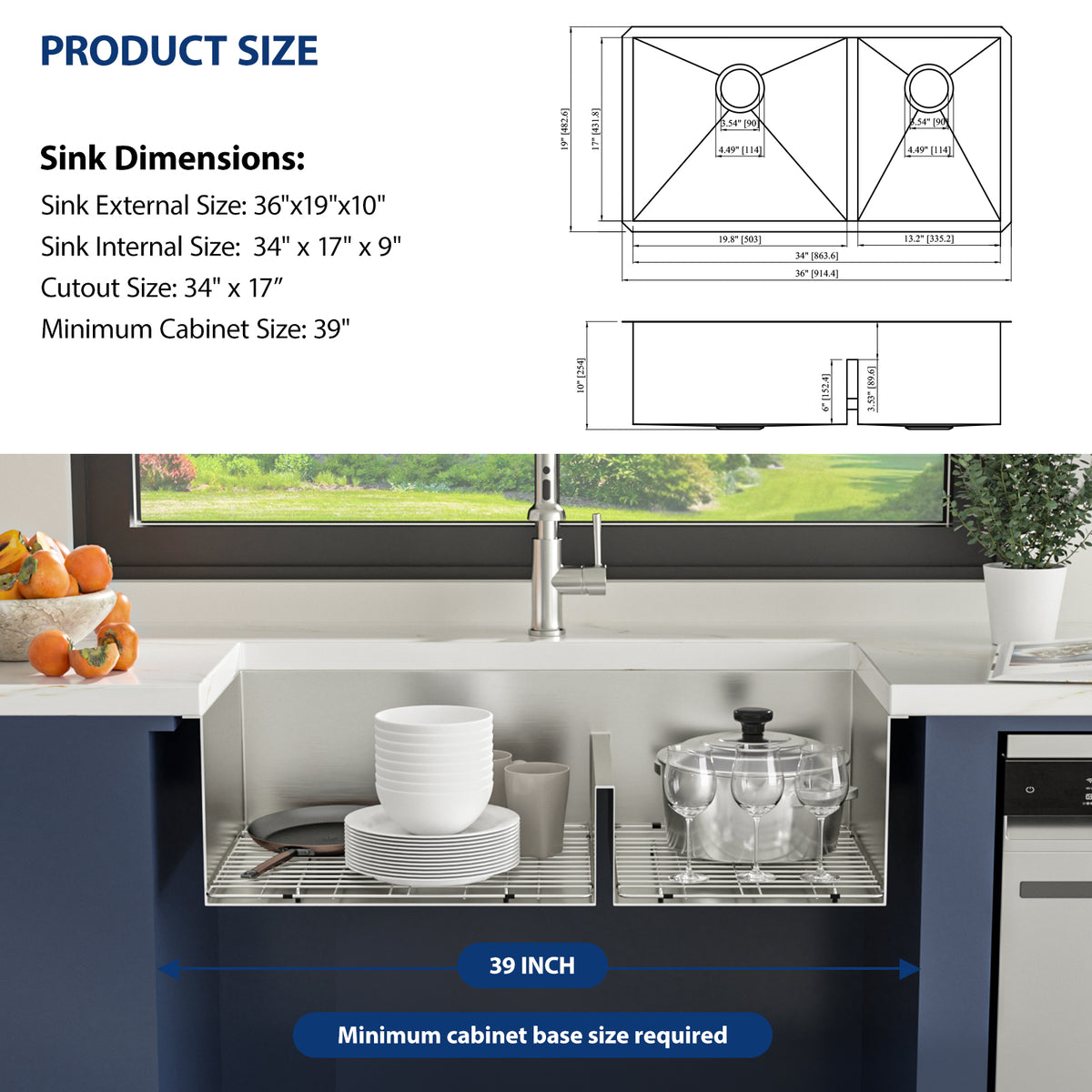 Sarlai 36'' Undermount Kitchen Sink 16 Gauge Stainless Steel 60/40 Double Bowl with Low Divider