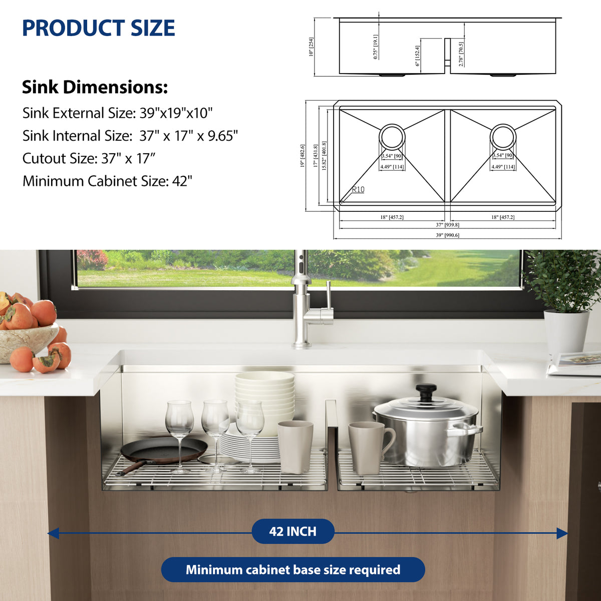 Sarlai 39'' Undermount Workstation Sink - 16 Gauge 50/50 Double Bowl with Salad Prep Bowls