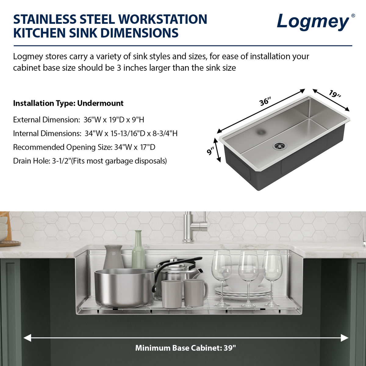 Sarlai 36''x 19''Stainless Steel Undermount Single Bowl Workstation Step Kitchen Sink