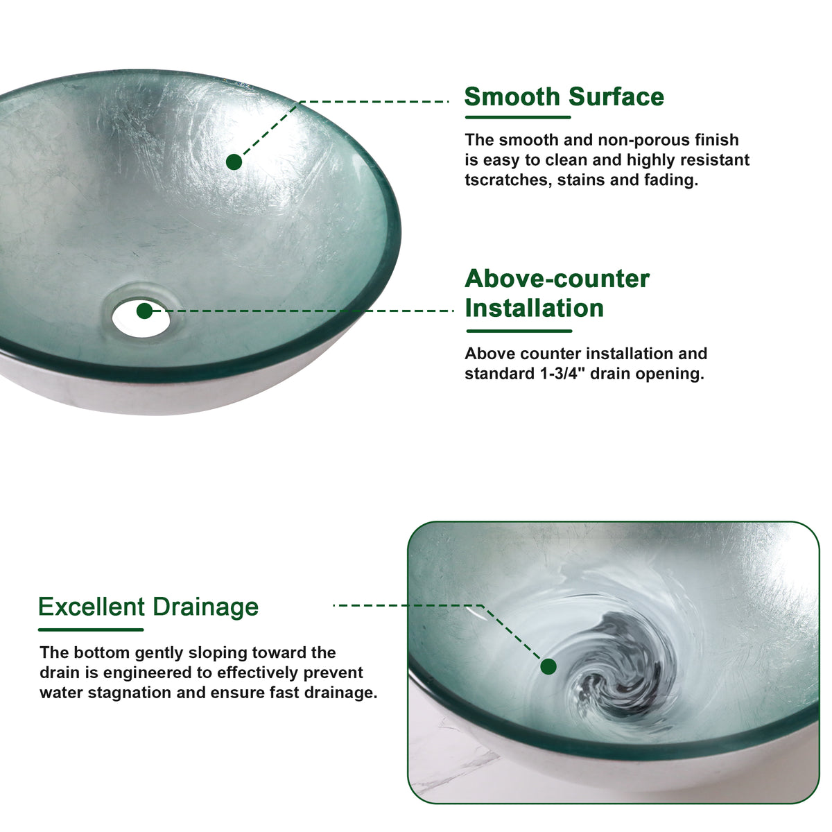 Sarlai 16 Inch Round Silver Foil Tempered Glass Vessel Sink Above Counter Bathroom Basin